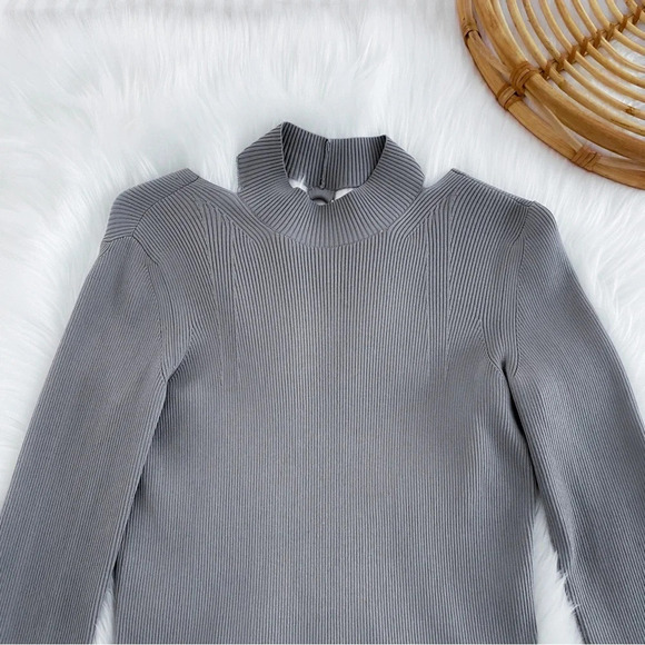 HELMUT LANG Ring Cutout Mockneck Pullover Top Gray Ling Sleeve Sweater - Picture 7 of 15